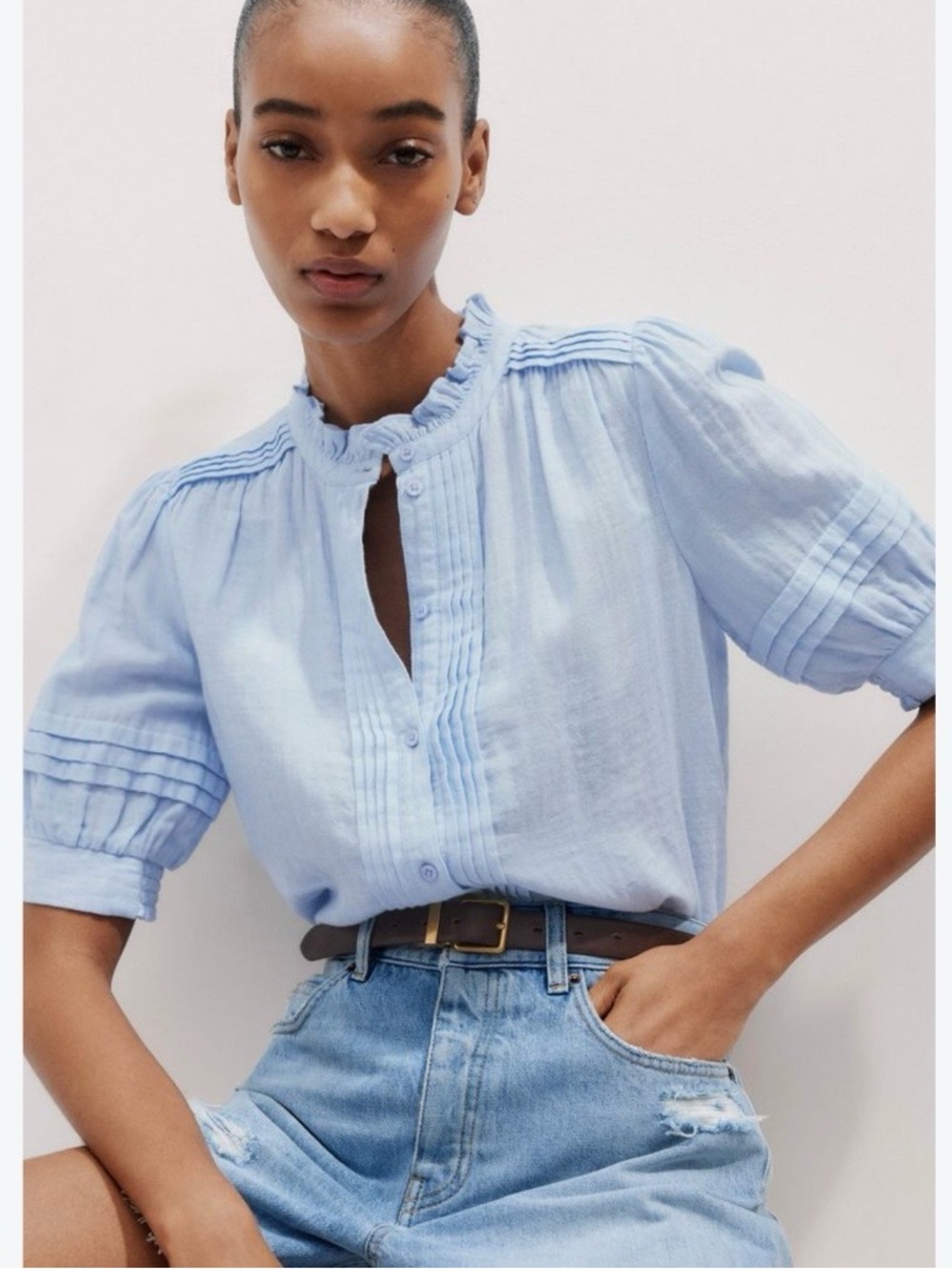 ME+EM Blue Cotton Cheesecloth Blouse US 2 Pintuck Ruffle Puff Sleeve Button Up